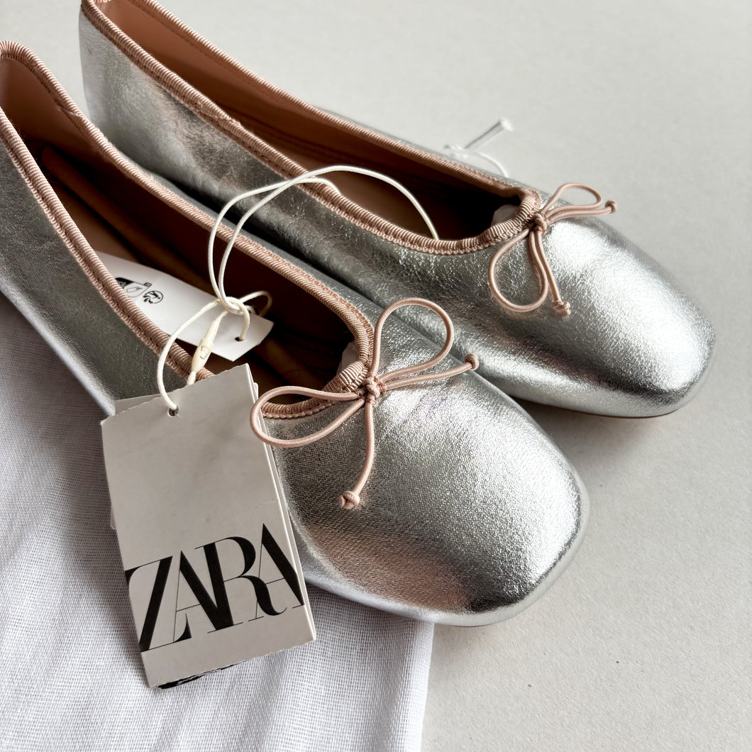 Zara Silver Ballet Flats Pumps - UK3 (BNWT)