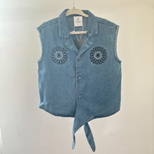 Load image into Gallery viewer, Wynken Denim Sun Faces Sleeveless Button Up Top - 6 years
