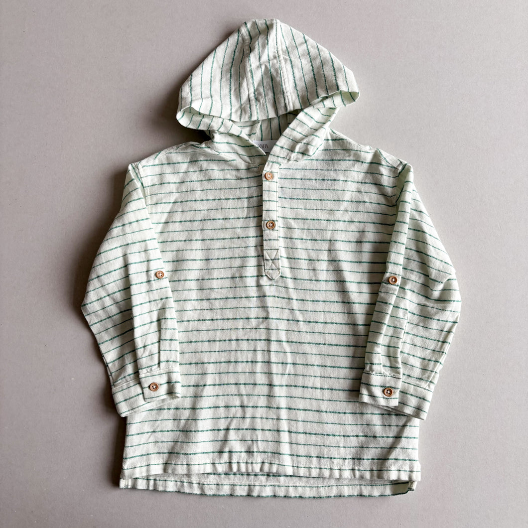Zara Green Stripe Linen Blend Hooded Shirt - 3-4 years